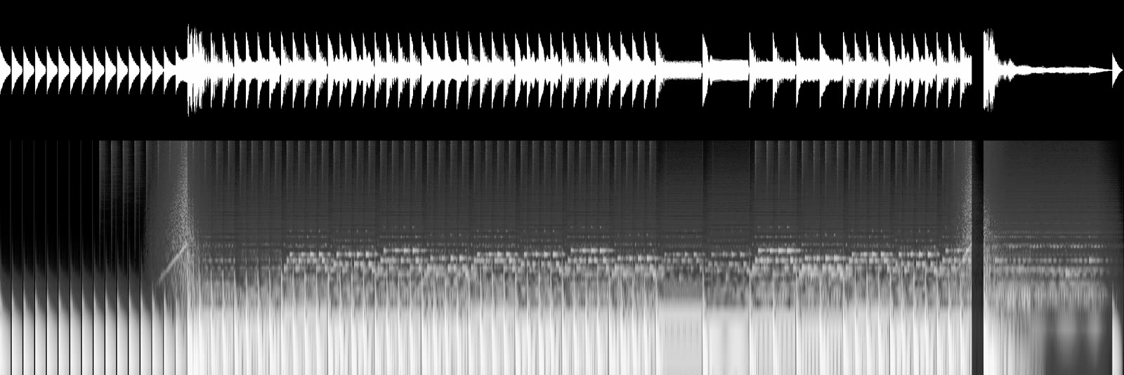 Forma de onda (em cima) e espectrograma da trilha: dá para ver a introdução, o impacto, o breakdown e o silêncio antes do clímax.