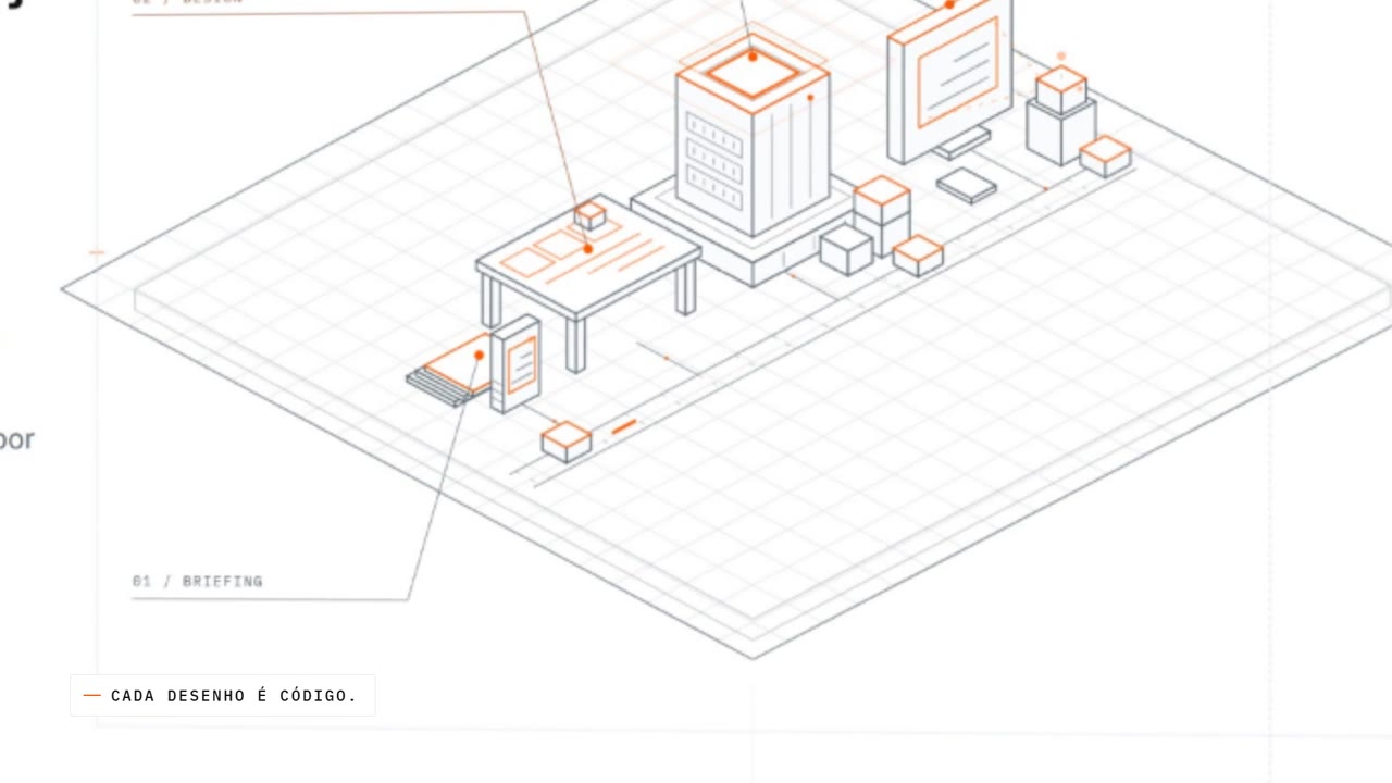 Um dos closes do hero: o mesmo desenho isométrico do site, ampliado.