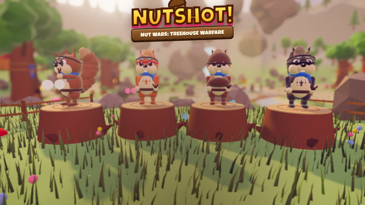 Tela inicial do NUTSHOT!, com o título em letras de quadrinho e os quatro esquilos sobre tocos ao pôr do sol